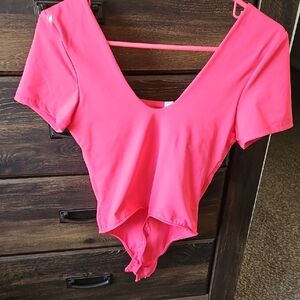 Bright Pink Bodysuit SIZE small.  Shelf Bra With Pads.  Short Sleeve.